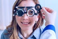 Girl in messbrille glasses in ophthalmology clinic Royalty Free Stock Photo