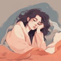 Vector Illustration of Girl with messy hair in bed, eyes closed, muted color scheme