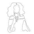 Girl with microphone, one line art, hand drawn, stylized continuous contour. Young woman sings song, performs in karaoke. Doodle,