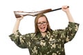 The girl in military uniform holding the gun isolated on white Royalty Free Stock Photo