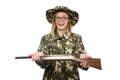 The girl in military uniform holding the gun isolated on white Royalty Free Stock Photo