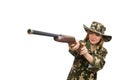 The girl in military uniform holding the gun isolated on white Royalty Free Stock Photo