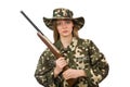 The girl in military uniform holding the gun isolated on white Royalty Free Stock Photo