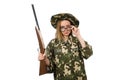 The girl in military uniform holding the gun isolated on white Royalty Free Stock Photo