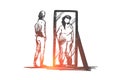 Girl, mirror, body, distorted, weight concept. Hand drawn isolated .