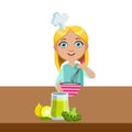 Girl Mixing In Bowl With Whip, Cute Kid In Chief Toque Hat Cooking Food Vector Illustration