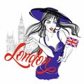 Girl model in a hat on the background of big Ben in London. Lettering. Vector. Royalty Free Stock Photo