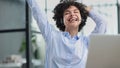 girl in a modern office working in a call center smiling Royalty Free Stock Photo