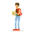 Girl with modern short haircut standing with books in her hands Student lifestyle colorful characte