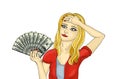 The girl with money. Surprised at the amount of money. Por art