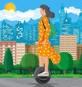 Girl on monocycle wheel.