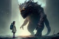 girl, with monster friend, sneaking past sleeping guard in epic fantasy adventure Royalty Free Stock Photo