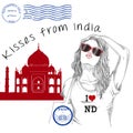 Girl with monument background and post stamps - india - new delhi Royalty Free Stock Photo