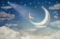 Girl on moon admires the night sky Royalty Free Stock Photo