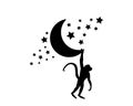 Monkey silhouette and moon with stars illustration, vector