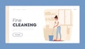 Girl Mopping Apartment Landing Page Template. Home Routine, Household Duties in Room. Young Woman Doing Domestic Work