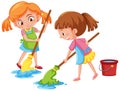 Girl mopping the floor on white background