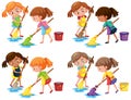 Girl mopping the floor on white background