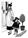 Girl and Mother vintage illustration