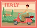 A girl on a motor scooter rides against the background of a rural Italian landscape. Retro card