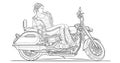 Girl on motorcycle adult coloring page. Stroke without fill. Black contour sketch Isolated on white background Royalty Free Stock Photo