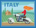 A girl on a motorcycle chopper rides on the background of a rural Italian landscape. Retro card