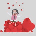 Girl on a mountain of hearts. 3D