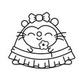 Girl mouse in a skirt, with a bow on her head and a flower in her hand. Black contour on white background. ÃÂoloring.