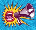 Girl mouth with megaphone. Vector illustration in pop art style Royalty Free Stock Photo