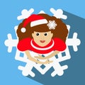 The girl Mrs. Santa Claus in a red cap with snowflake in hair. the top view, looks up. skirt in look . Dance, dances. On blu Royalty Free Stock Photo