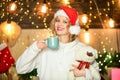 Girl with mug hot beverage relaxing. Things to do before christmas. Woman with teddy bear drink tea christmas