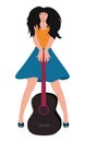 girl musician with a lush hairdo stands with a guitar