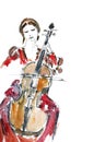 girl musician in an old dress with a cello, watercolor drawing on a white background