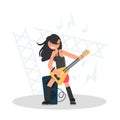 Girl musician playing bass guitar color flat illustration