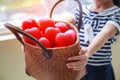 Girl in navy blue striped dress handing basket of red hearts represents helping hands, family support, morale, purity, innocence,