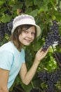 Girl near already ripe grapes of dark varieties