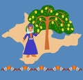 Girl near an apple tree against a silhouette of the Crimea