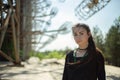 Girl near the giant antennas of Duga secret military soviet over-the-horizon radar