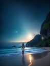 Girl near the ocean at night