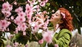 .Girl near pink flowers Tree. Royalty Free Stock Photo