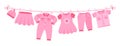 Girl newborn clothes. Cute pink dress, hat pants drying on clothesline. Isolated cartoon apparel for little female