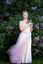 Girl next to a flowering lilac Royalty Free Stock Photo