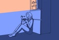 Girl at night eating a cake from the fridge. Insomnia at night in darkness night kitchen room. Cartoon style vector