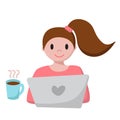 Girl with notebook and coffee cup. Funny cartoon lady with ponytail. Young woman uses laptop and works. Online education