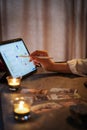 Girl numerologist makes a map of codes for the future on tablet. Veritcal photo