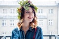 Girl with oak leaves wreath Royalty Free Stock Photo