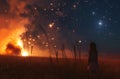 Girl observes field blaze at night