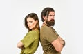 Girl offended by bearded man. hair beauty style. romantic relation problems. at hairdresser salon. fashion couple in Royalty Free Stock Photo