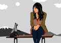 Girl offended sitting on a bench and next to the cat gives her advice