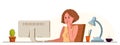 Girl office worker pensive concentrated on her work vector flat illustration isolated, serious attentive worker seriously thinking